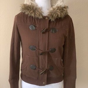 Women’s Brown Toggle Jacket with Faux Fur Hood